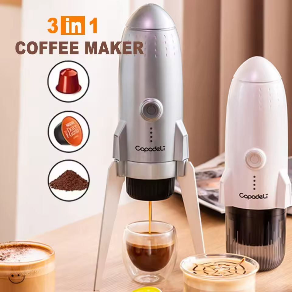 Преносима кафемашина Rocket 3в1 – съвместима с капсули Nespresso, Dolce Gusto и мляно кафе Преносима кафемашина Rocket 3в1 – съвместима с капсули Nespresso, Dolce Gusto и мляно кафе